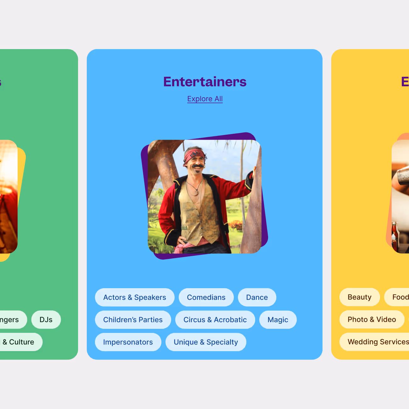 Section titled Entertainers with a photo of a man dressed as a pirate and tags like Actors & Speakers, Comedians, Dance, Children's Parties, Circus & Acrobatic, Magic, Impersonators, and Unique & Specialty.